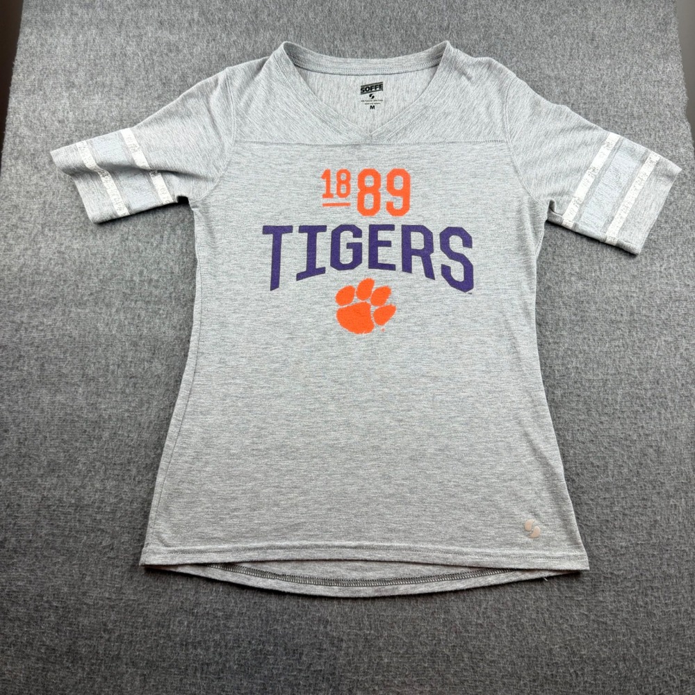 Soffe Clemson Tigers T-Shirt Women Medium Gray V-Neck Striped Sleeve 1889 Paw